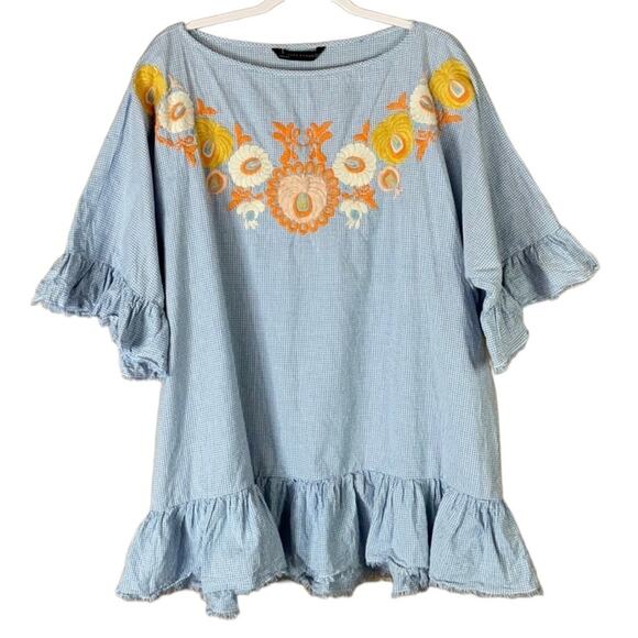 Zara Woman White Blue Gingham Check Print Floral Embroidered Tunic Top SZ Medium - Picture 1 of 11
